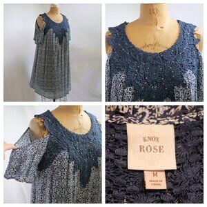 KNOX ROSE Rayon Blue Floral Cold Shoulder Dress Lace Studs Festival Boho M EUC